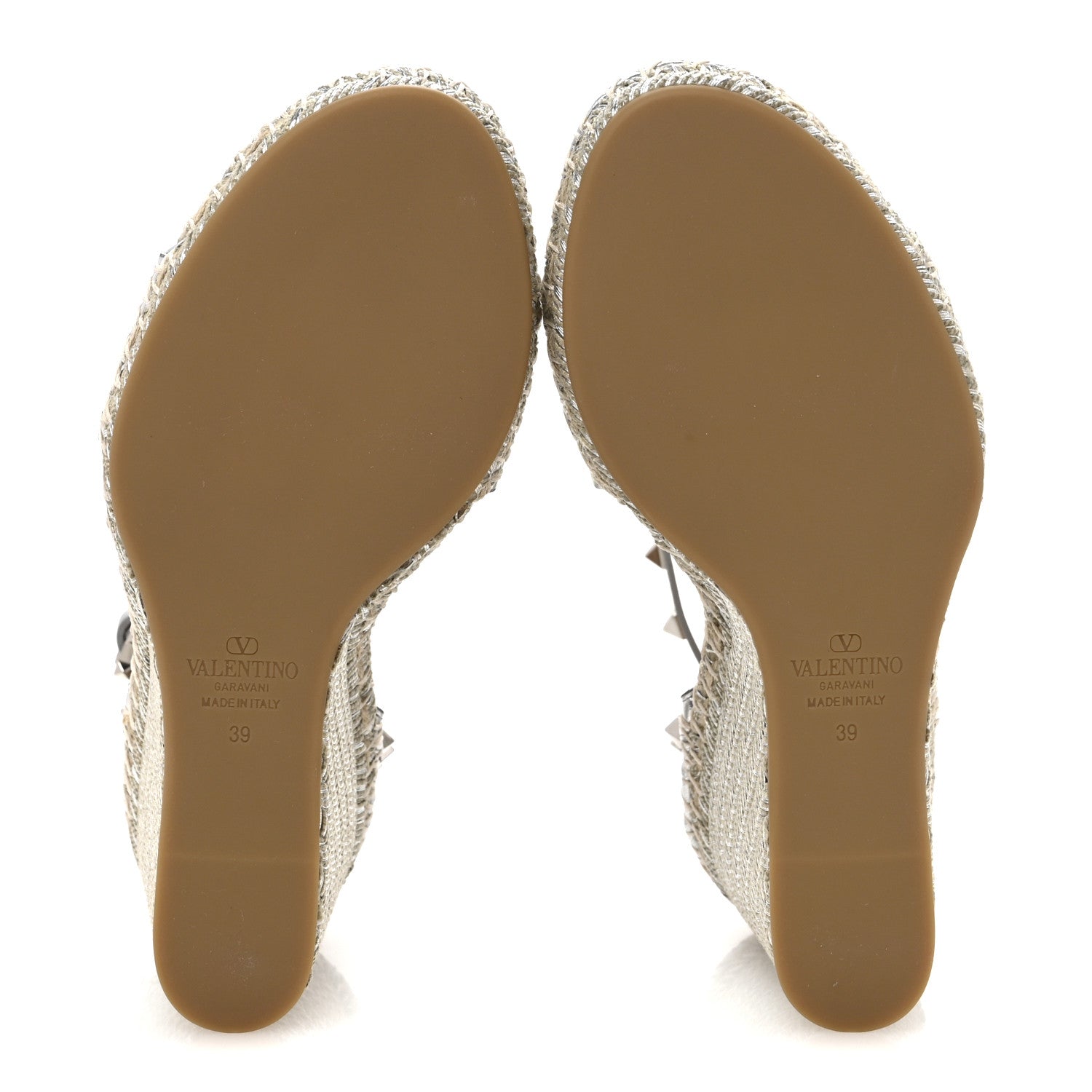 Valentino Garavani Metallic Grained Calfskin Rockstud Crisscross Ankle Strap Espadrille Wedge Sandals 39 Silver 6 of 11