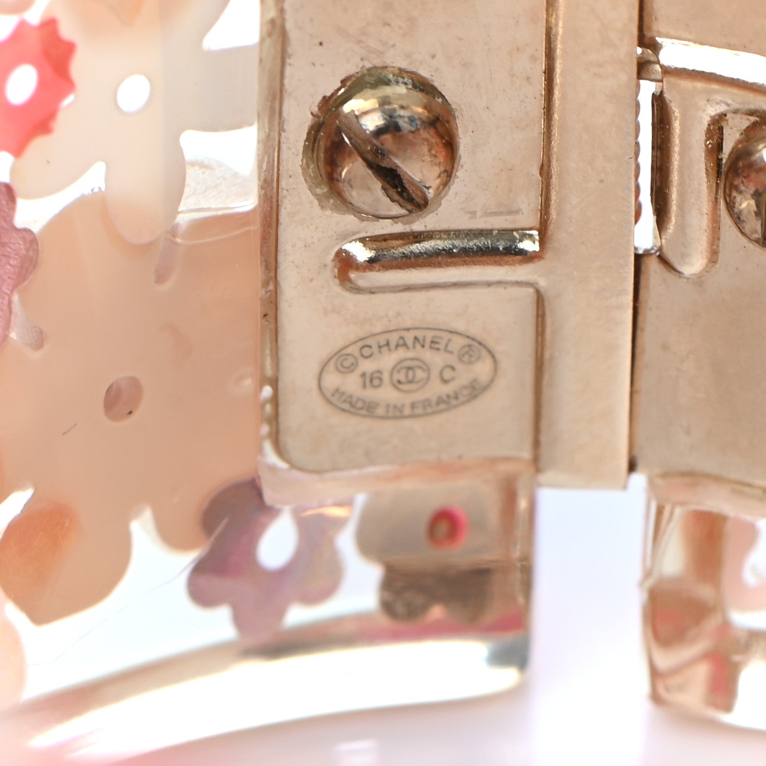 Chanel Resin CC Camellia Floral Cuff Transparent Pink Gold 3 of 4
