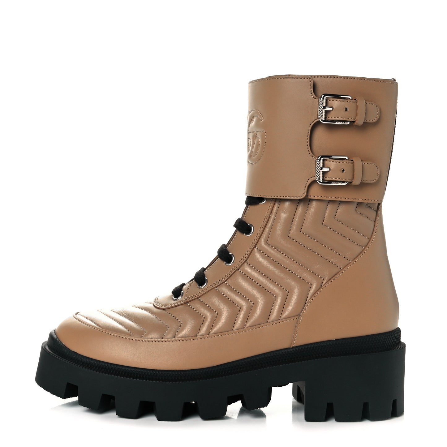Nappa Frances GG Matelasse Platform Combat Boots 38 Natural Tan