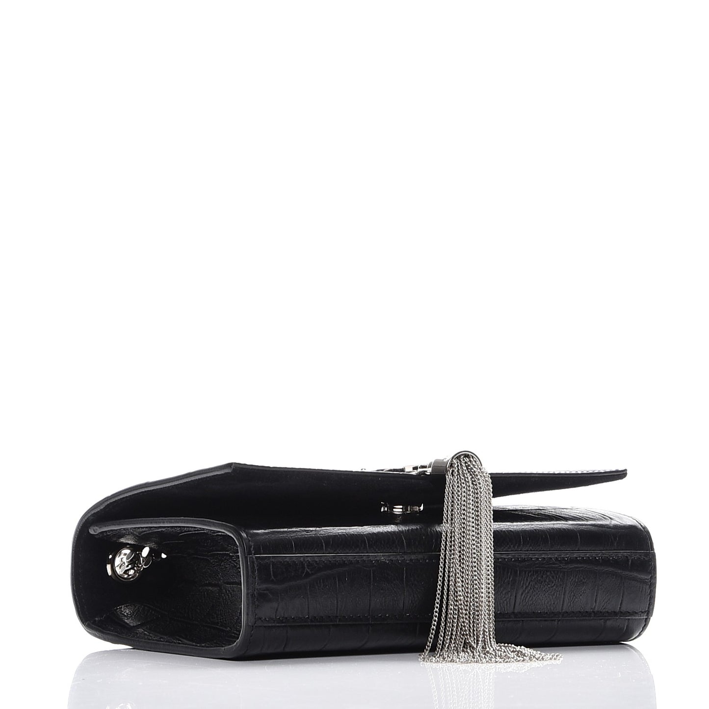 Calfskin Crocodile Embossed Small Classic Monogram Tassel Satchel Black