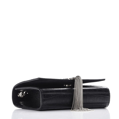 Saint Laurent Calfskin Crocodile Embossed Small Classic Monogram Tassel Satchel Black 4 of 6