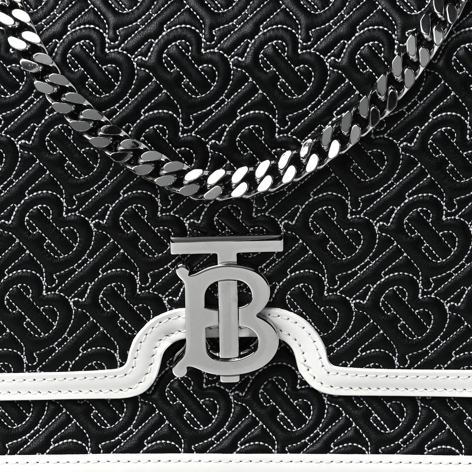 Burberry Calfskin Monogram Embossed MediumTB Chain Bag Black White 7 of 9