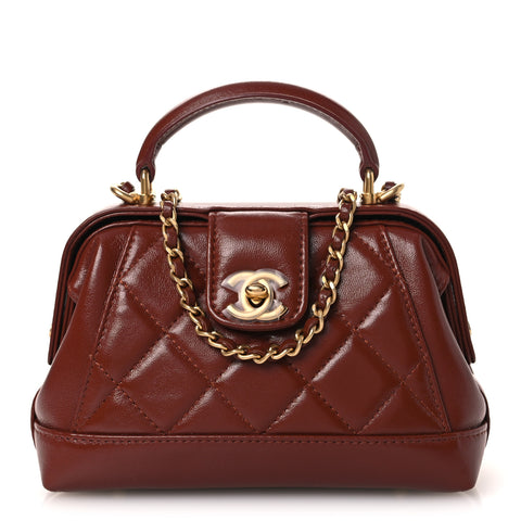 Shiny Lambskin Quilted Mini Cocodoc Top Handle Bag Brown