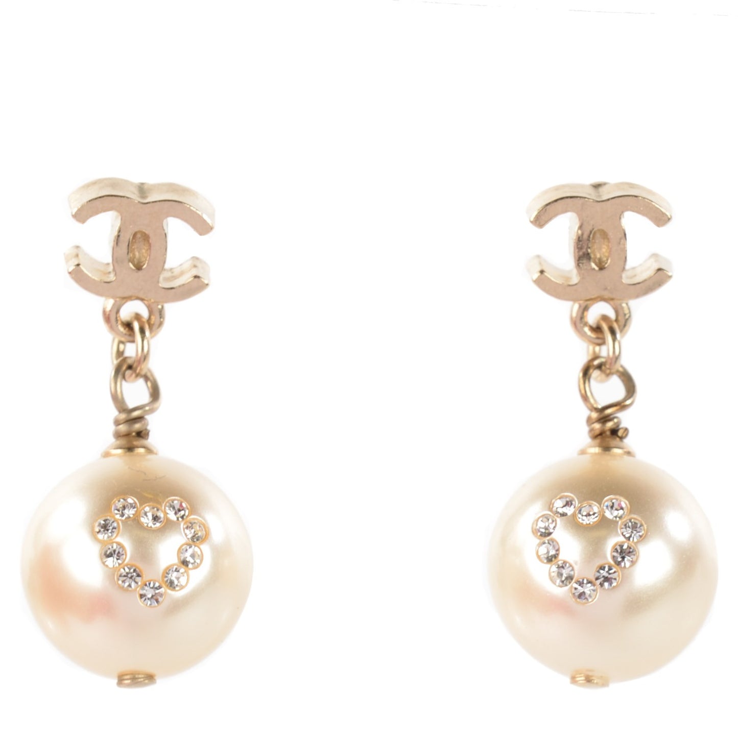 Pearl Crystal CC Heart Drop Earrings Gold White