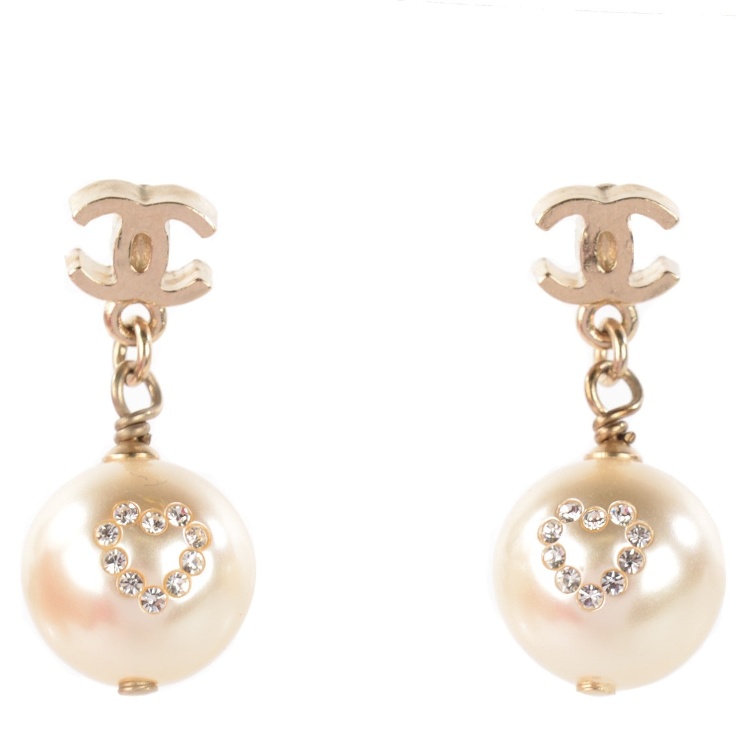Chanel Pearl Crystal CC Heart Drop Earrings Gold White 1 of 4