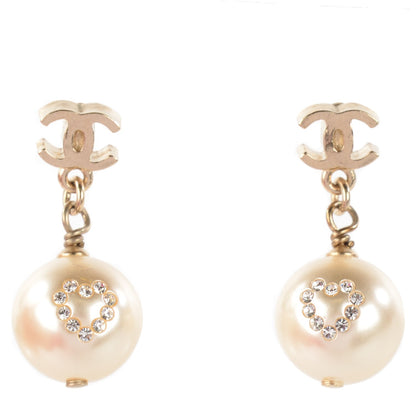 Chanel Pearl Crystal CC Heart Drop Earrings Gold White 1 of 4