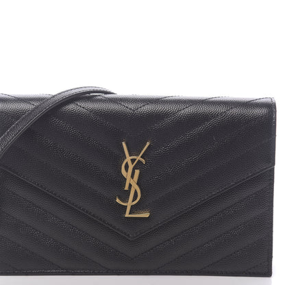 Saint Laurent Grain De Poudre Matelasse Chevron Monogram Envelope Chain Wallet Black 8 of 11
