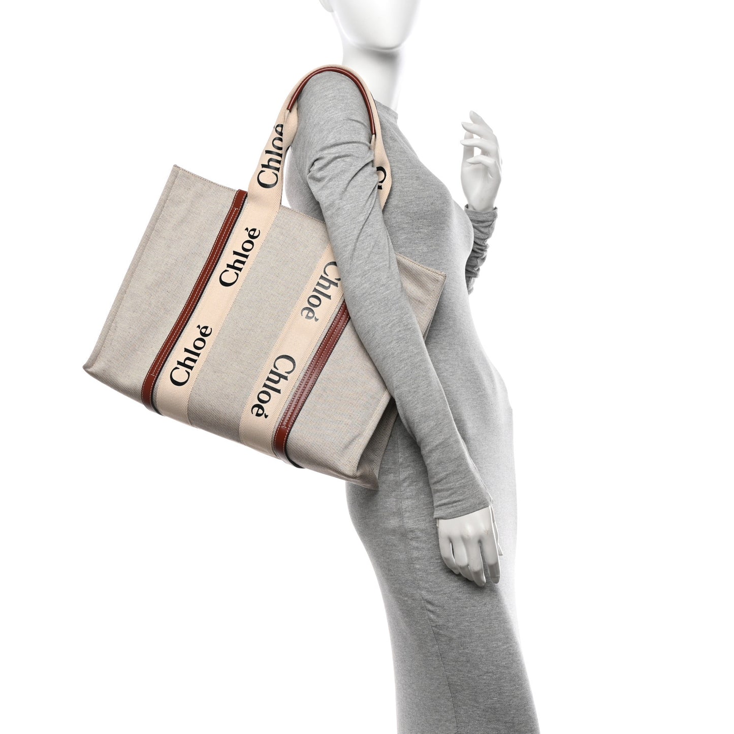 Linen Calfskin Large Woody Ribbon Tote White Brown