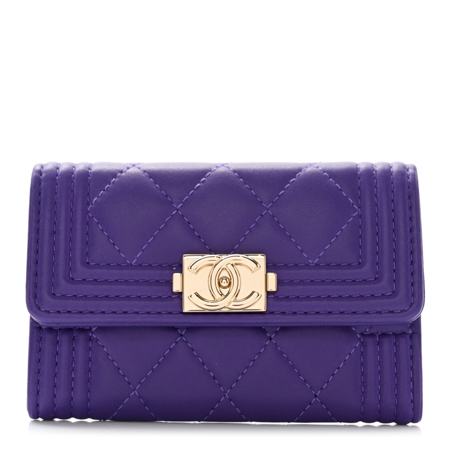 Lambskin Quilted Boy Flap Card Holder Purple