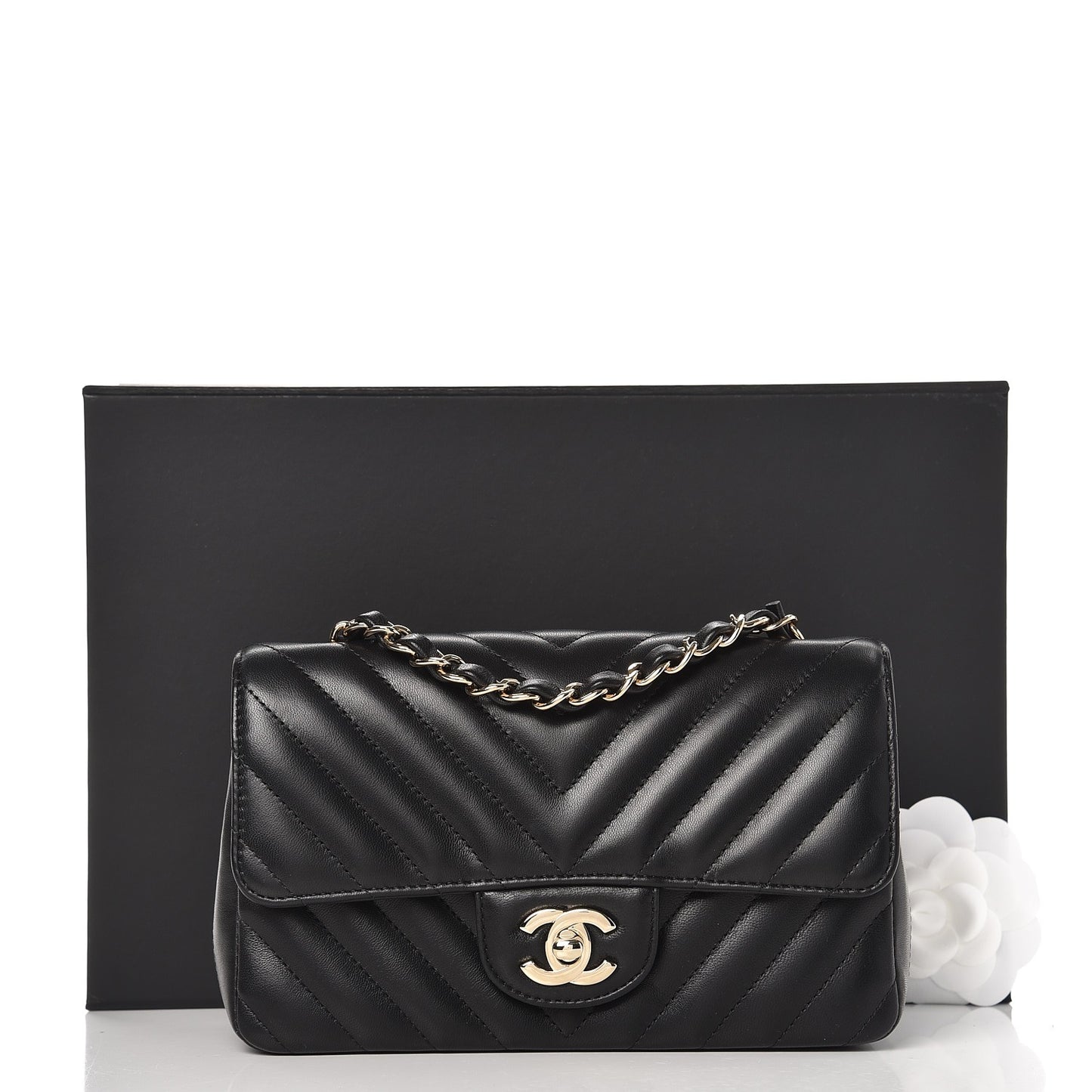 Lambskin Chevron Quilted Mini Rectangular Flap Black