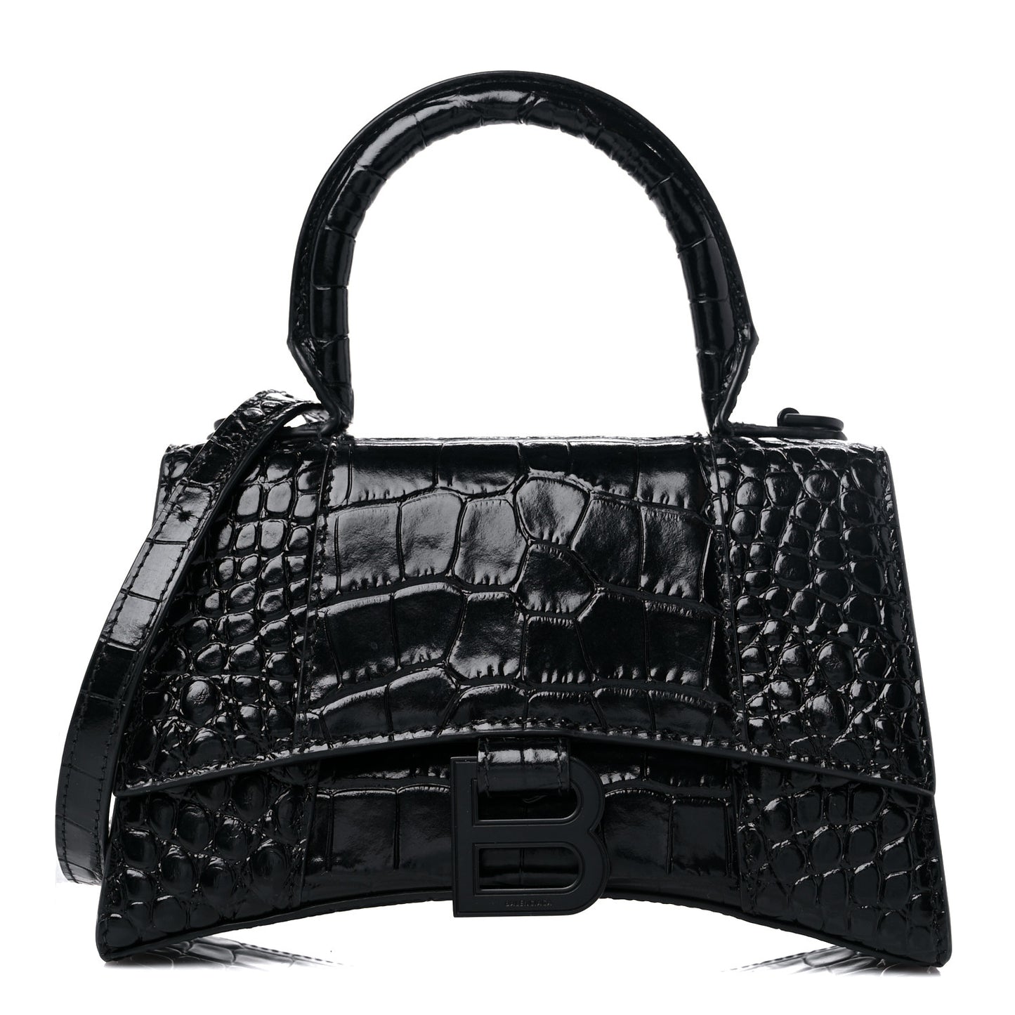 Shiny Calfskin Monochrome Crocodile Embossed Hourglass Top Handle Bag XS Black