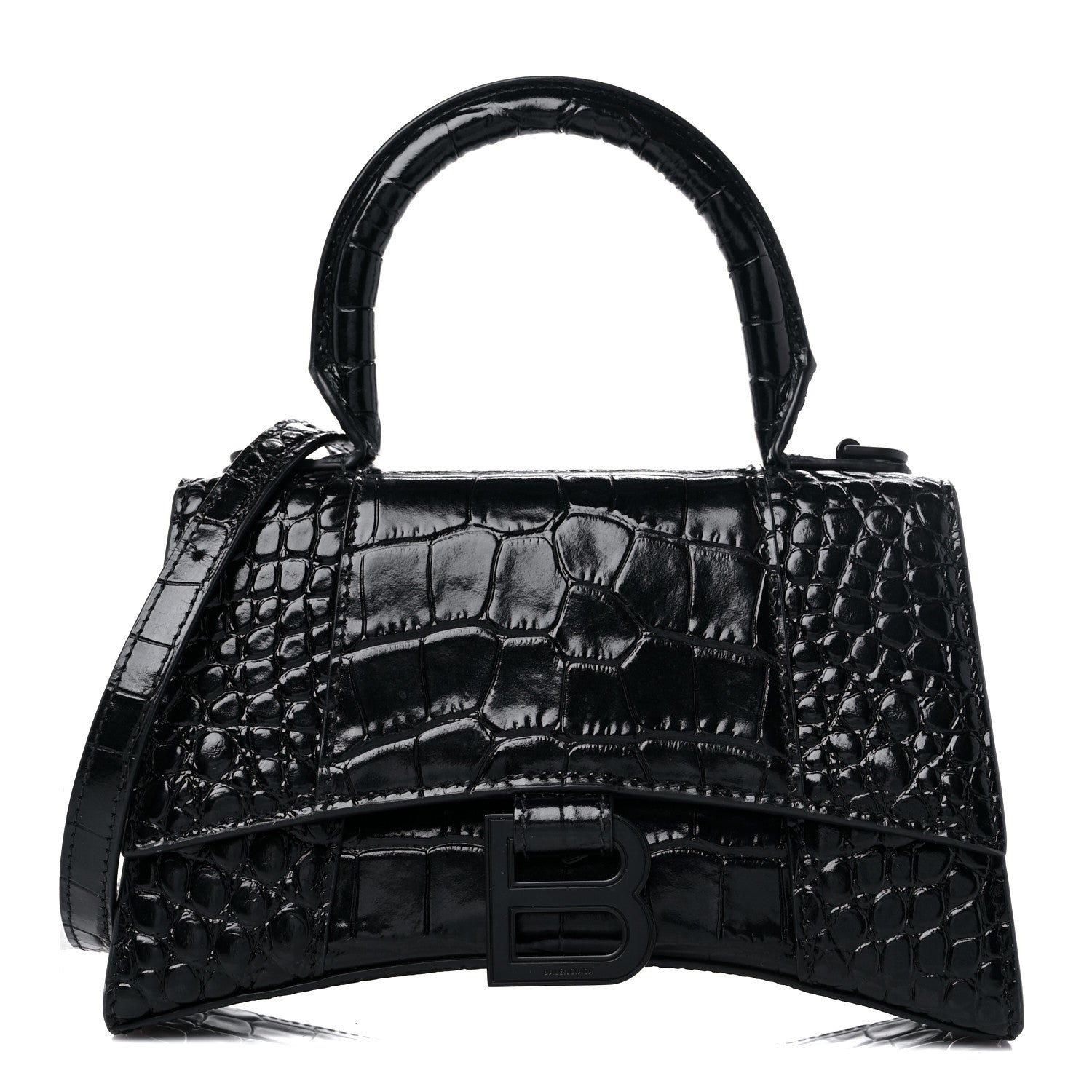 Balenciaga Shiny Calfskin Monochrome Crocodile Embossed Hourglass Top Handle Bag XS Black 1 of 16