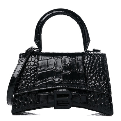Balenciaga Shiny Calfskin Monochrome Crocodile Embossed Hourglass Top Handle Bag XS Black 1 of 16