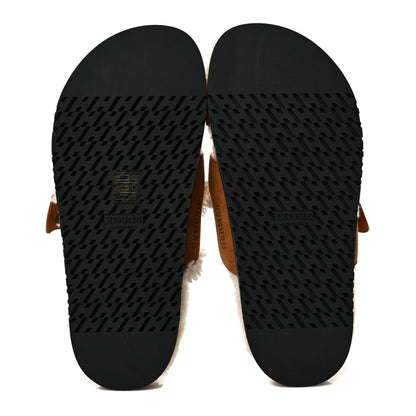 Hermes Suede Goatskin Woolskin Womens Chypre Sandals 37.5 Brun Fume Ecru 6 of 8