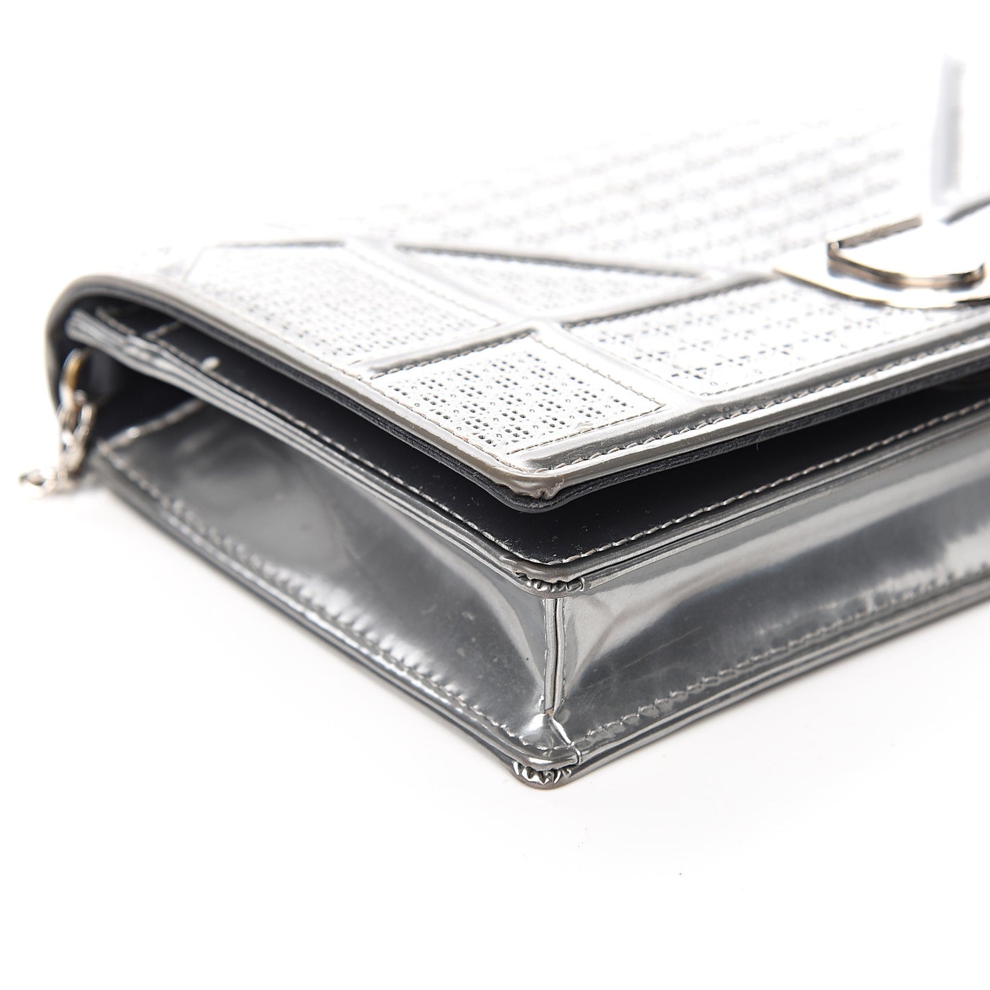 Metallic Patent Micro-Cannage Diorama Wallet on Chain Pouch Silver