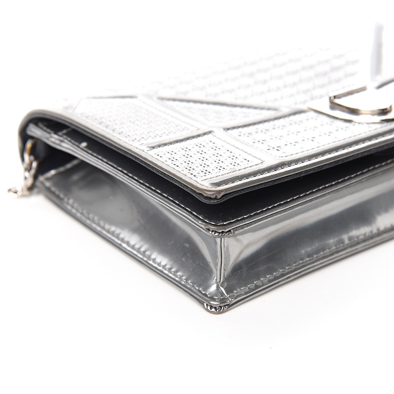 Christian Dior Metallic Patent Micro-Cannage Diorama Wallet on Chain Pouch Silver 7 of 10