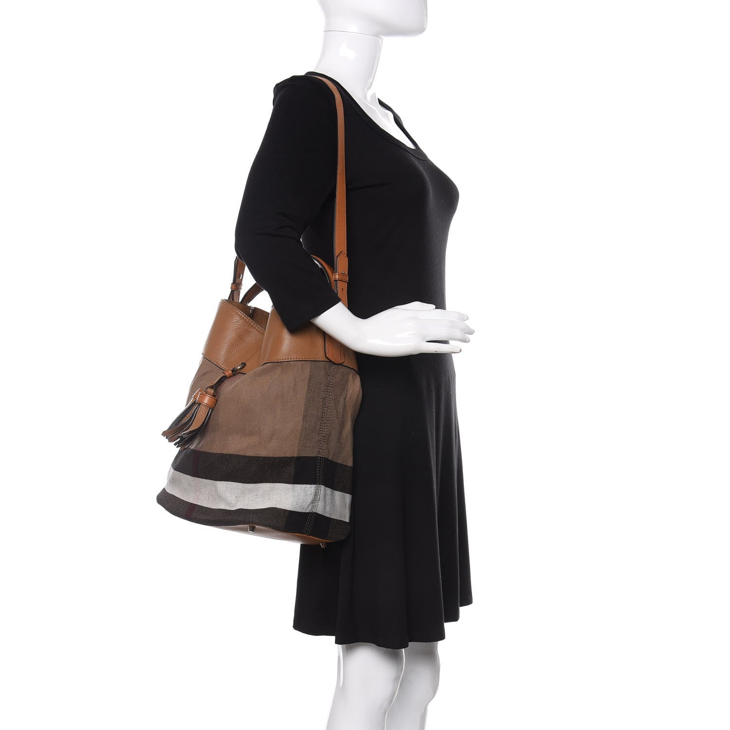 Burberry Grainy Calfskin Canvas Mega Check Medium Ashby Tassel Hobo Saddle Brown 2 of 12