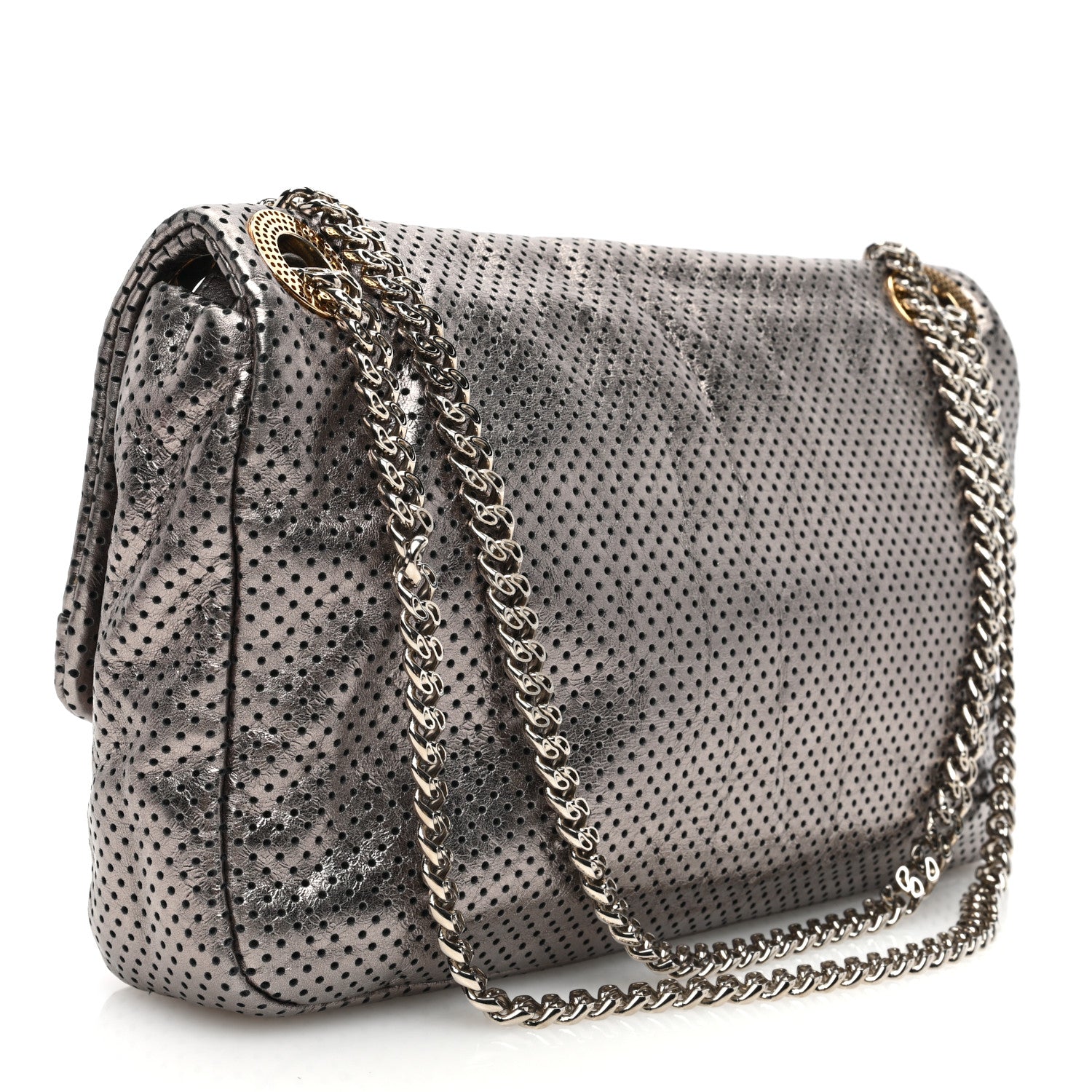 Chanel Metallic Crackled Calfskin Perforated Drill Flap Silver 3 of 10