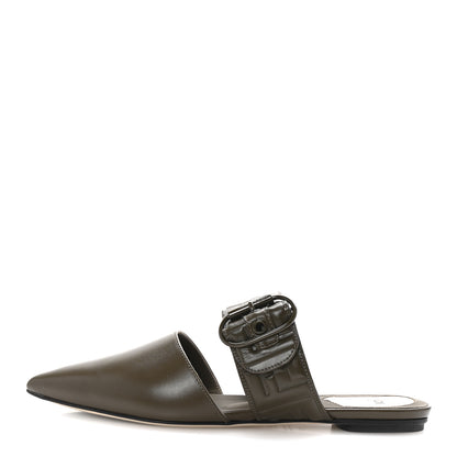 Fendi Vitello FF Embossed Buckle Flat Mules 37 Wood 1 of 9