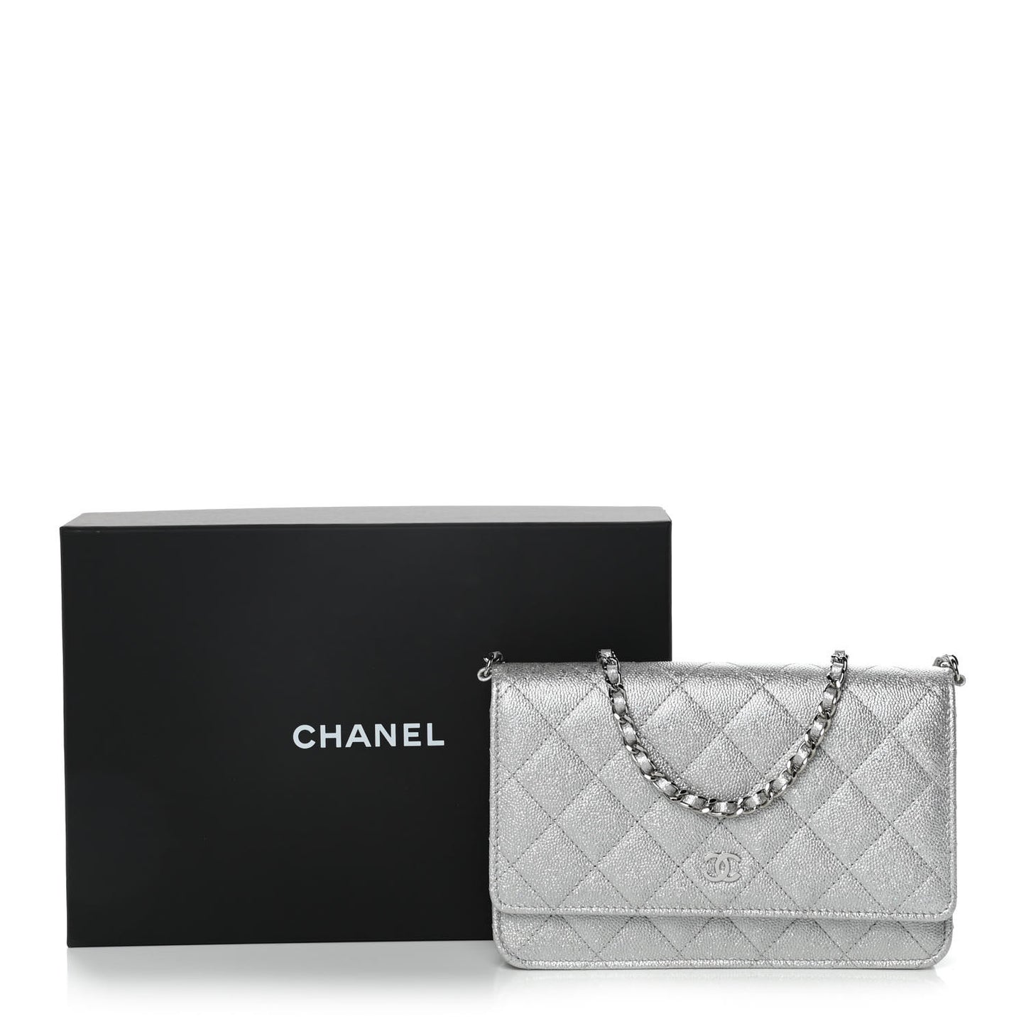 Glittered Metallic Caviar Quilted Wallet On Chain WOC Silver