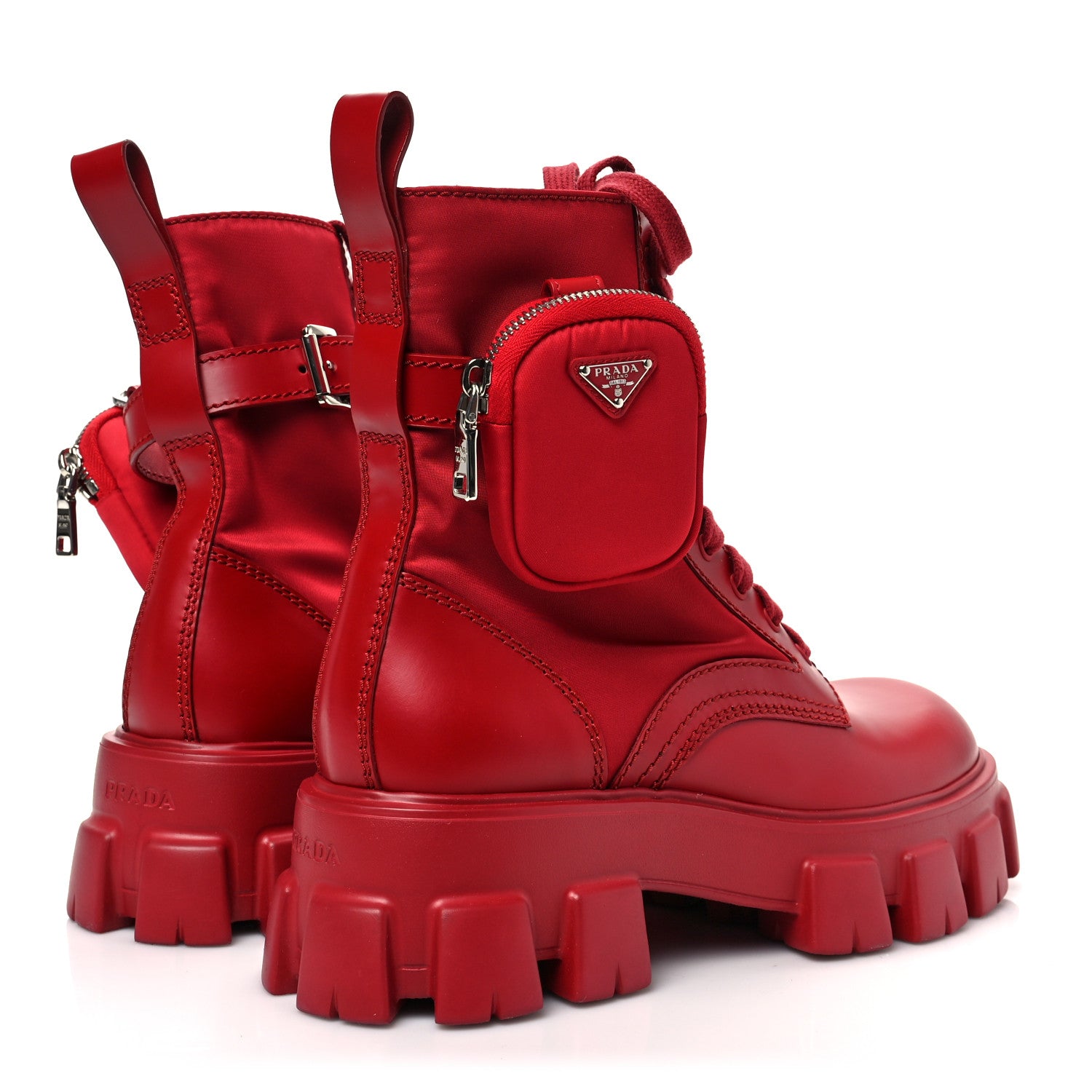 Prada Spazzolato Rois Re-Nylon Metal Triangle Logo Mens Monolith Pouch Pocket 60mm Combat Boots 8 Scarlatto 4 of 7