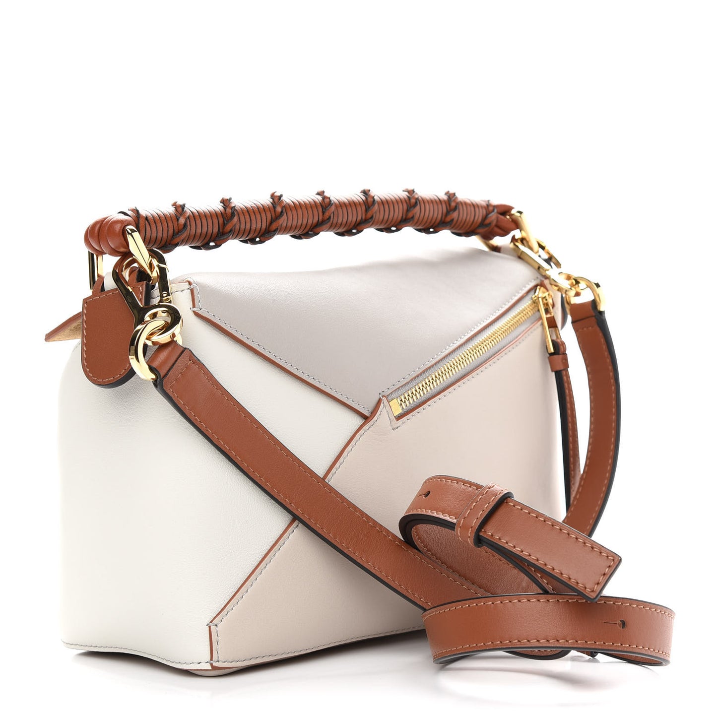 Calfskin Small Puzzle Edge Bag Tan White