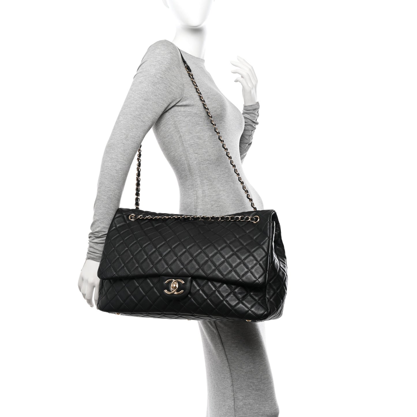 Calfskin Quilted XXL Travel Flap Bag Black