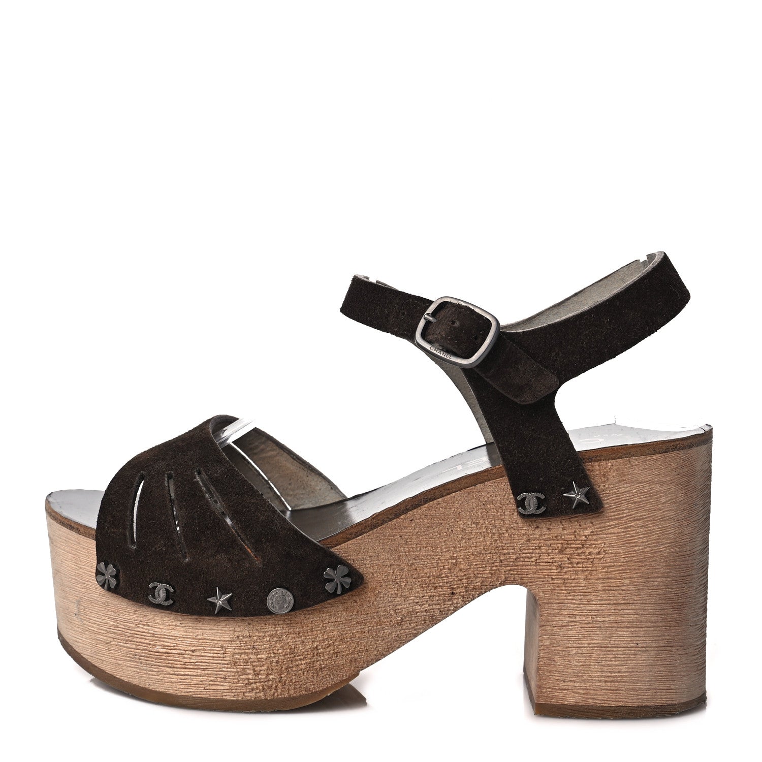 Chanel Suede Wooden Studded Platform Sandals 37 Brown 1 of 11