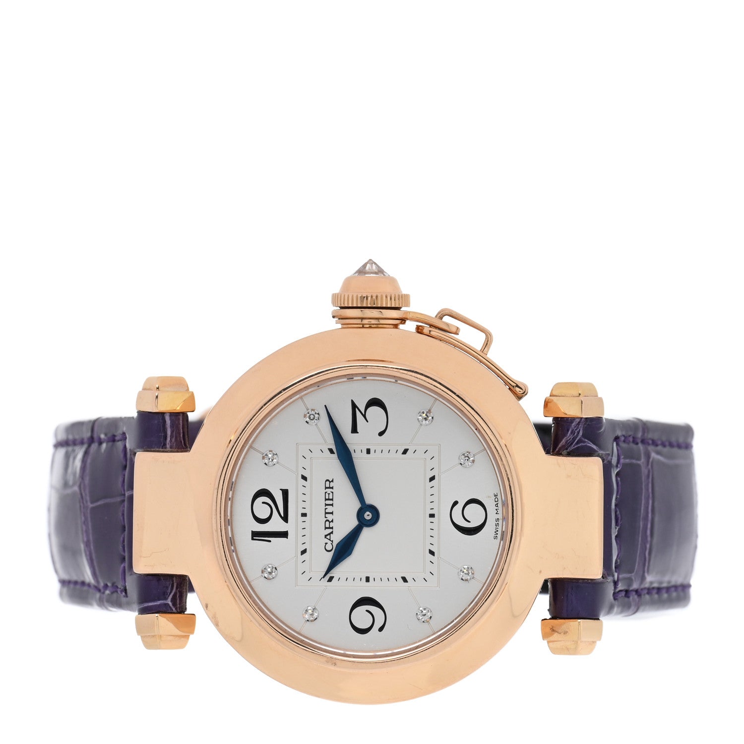 Cartier 18K Pink Gold Alligator Diamond 32mm Pasha C Quartz Watch Purple 3 of 10