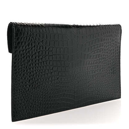 Saint Laurent Calfskin Crocodile Embossed Uptown Monogram Pouch Black 3 of 7