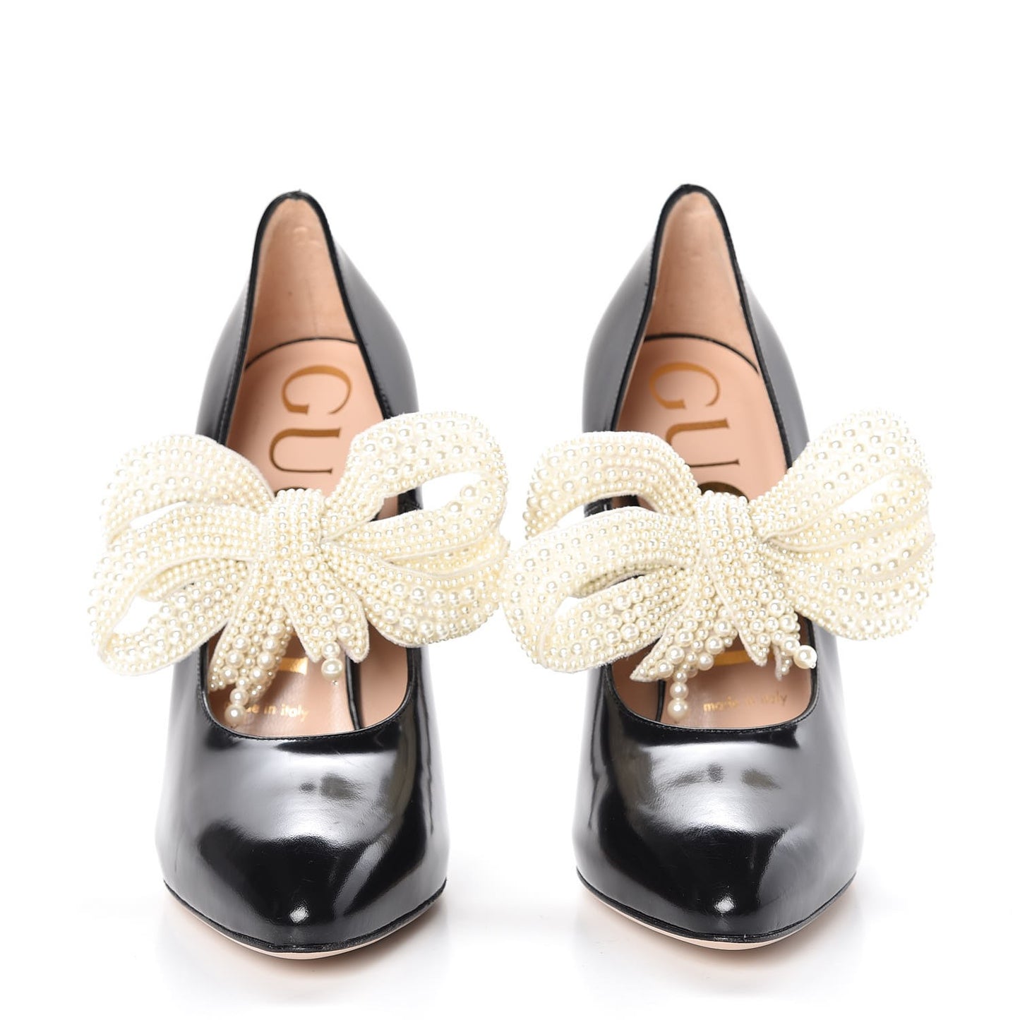 Polished Calfskin Removable Pearly Bow Elaisa Platform High Heel Pumps 36 Black
