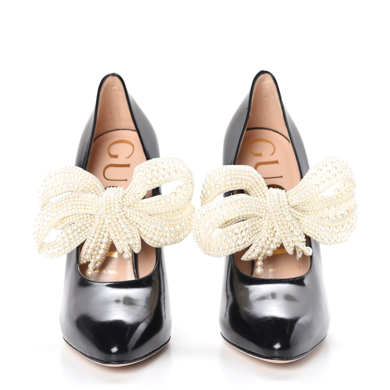 Gucci Polished Calfskin Removable Pearly Bow Elaisa Platform High Heel Pumps 36 Black 3 of 11