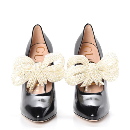 Gucci Polished Calfskin Removable Pearly Bow Elaisa Platform High Heel Pumps 36 Black 3 of 11