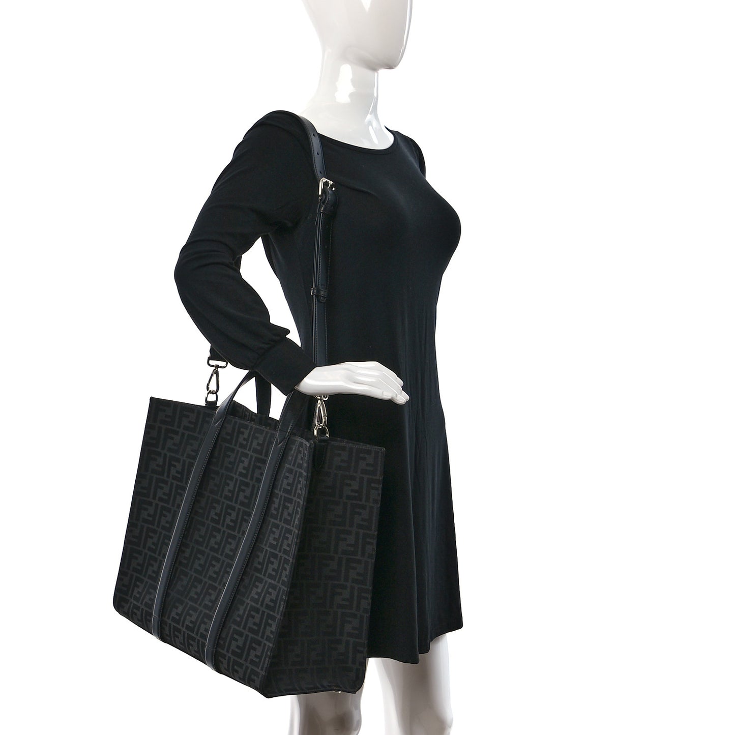Recycled Fabric Jacquard Vitello Astro FF 1974 Shopping Tote Asfalto Black