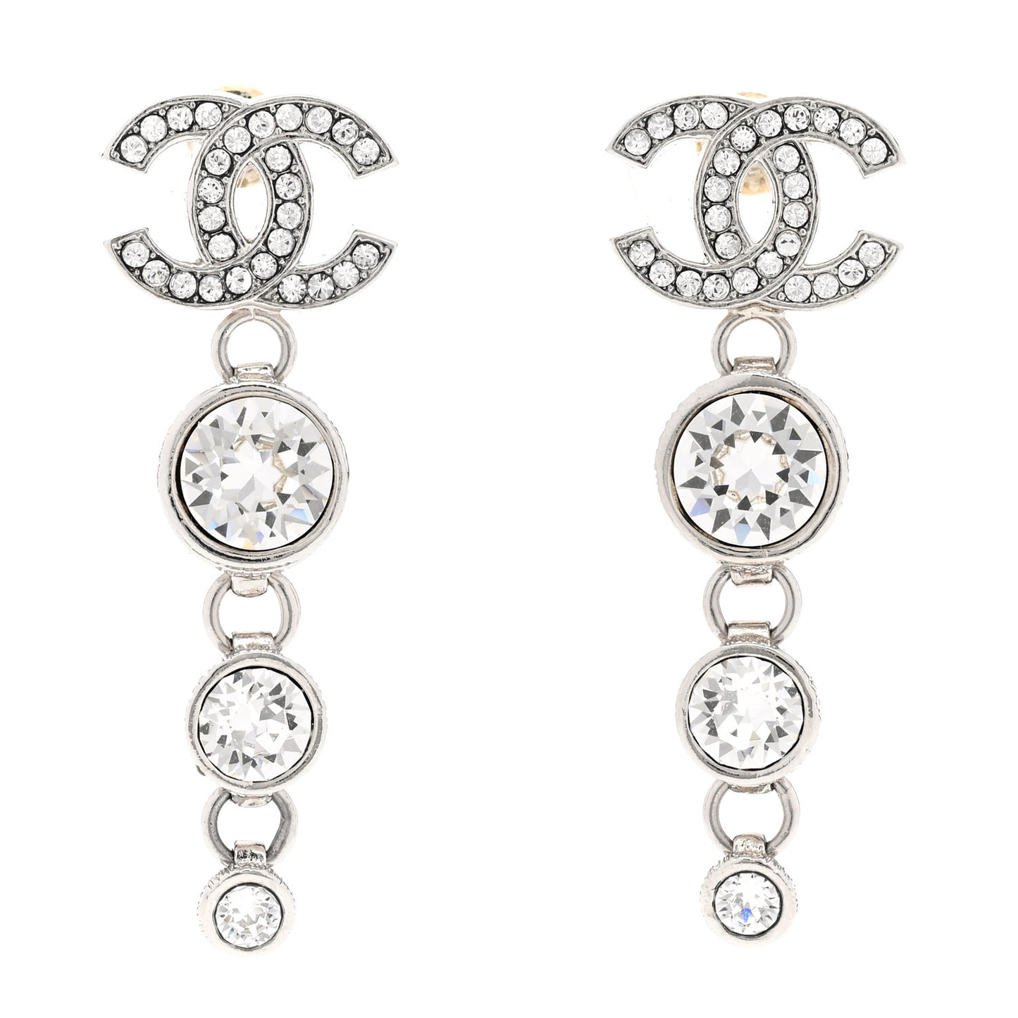 Metal Crystal CC Drop Earrings Silver
