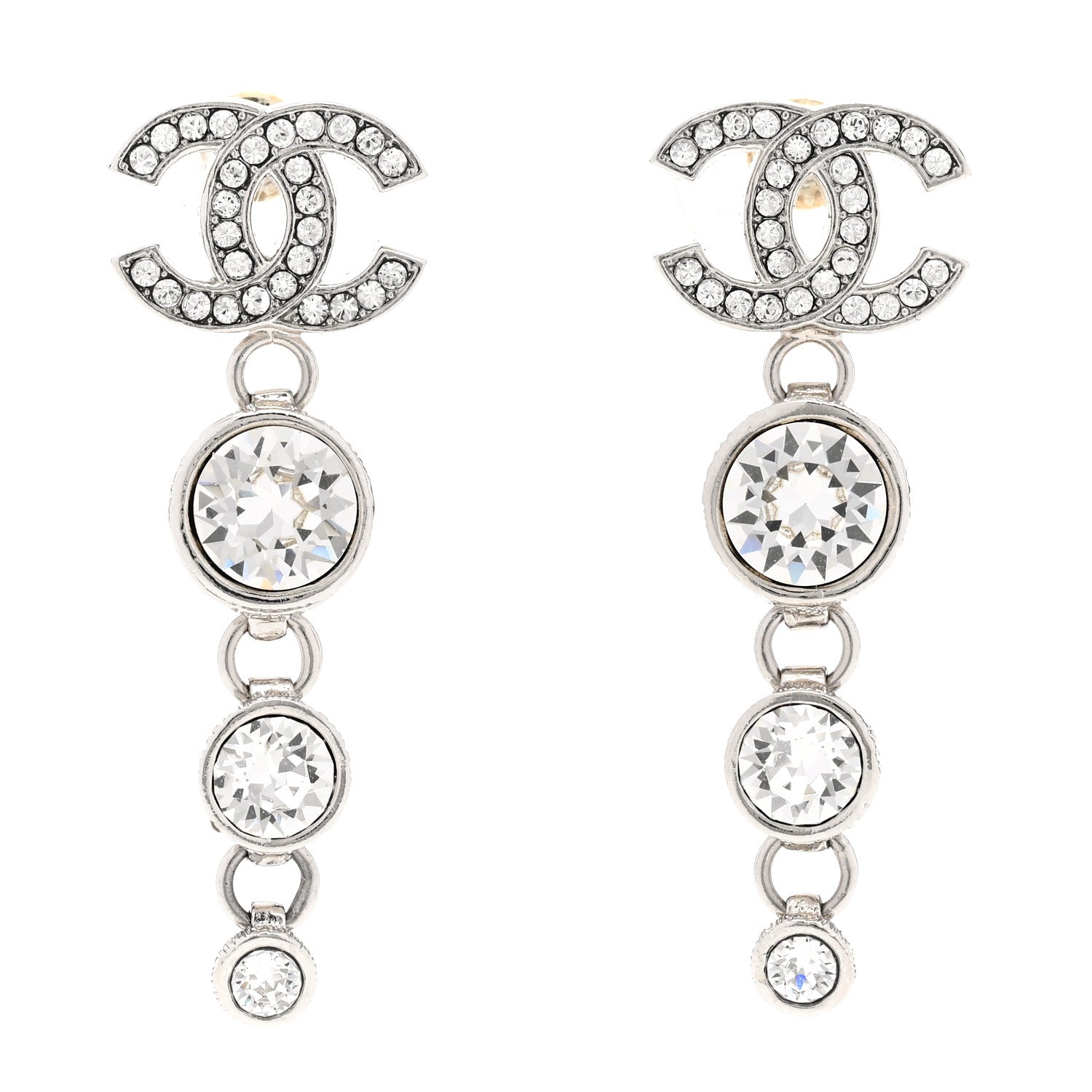 Chanel Metal Crystal CC Drop Earrings Silver 1 of 5