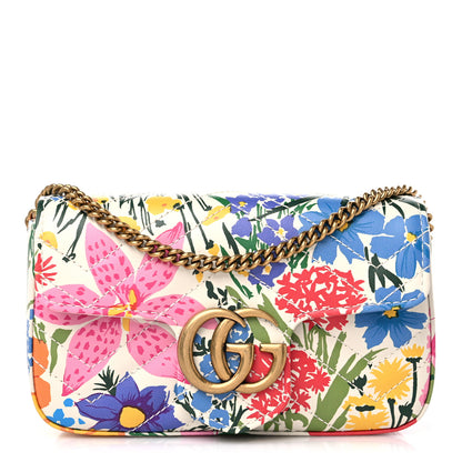 Gucci X KEN SCOTT Calfskin Matelasse Floral Print Super Mini GG Marmont Shoulder Bag Ivory Pink 1 of 9