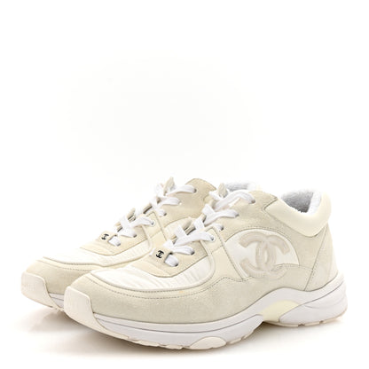 Chanel Suede Calfskin Fabric CC Sneakers 38.5 White 4 of 10