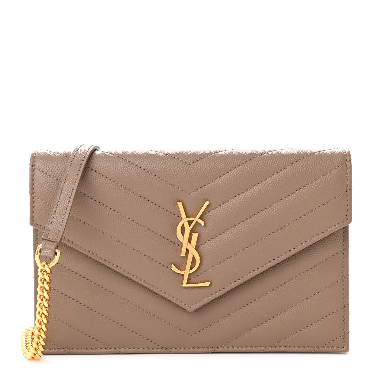 Saint Laurent Grain De Poudre Matelasse Chevron Monogram Envelope Chain Wallet Dark Latte 1 of 11