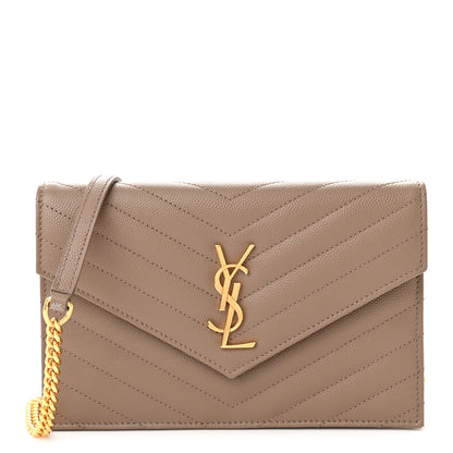 Saint Laurent Grain De Poudre Matelasse Chevron Monogram Envelope Chain Wallet Dark Latte 1 of 11