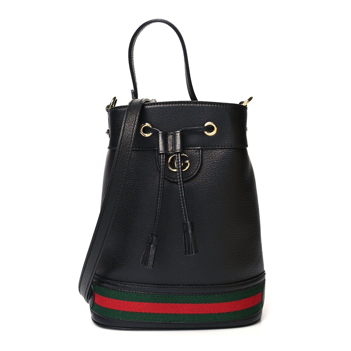 Glazed Textured Calfskin Web Small Ophidia Bucket Bag Black