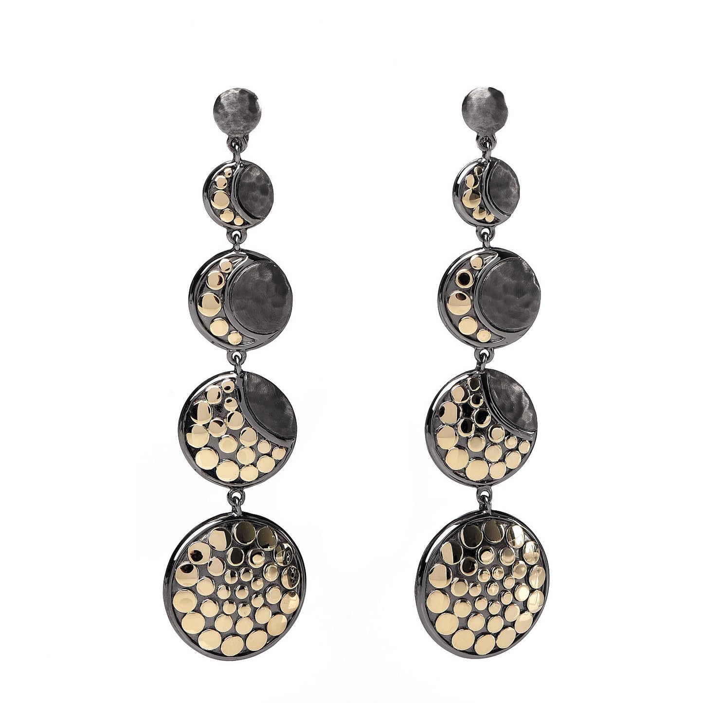 Darkened Sterling Silver 18K Yellow Gold Hammered Dot Moon Phase Drop Earrings