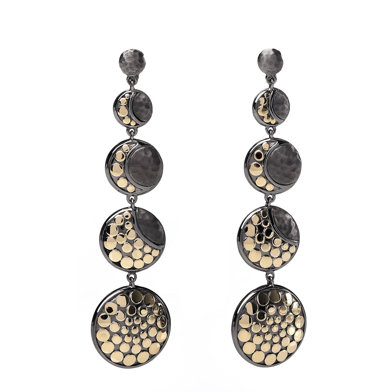 John Hardy Darkened Sterling Silver 18K Yellow Gold Hammered Dot Moon Phase Drop Earrings 1 of 4