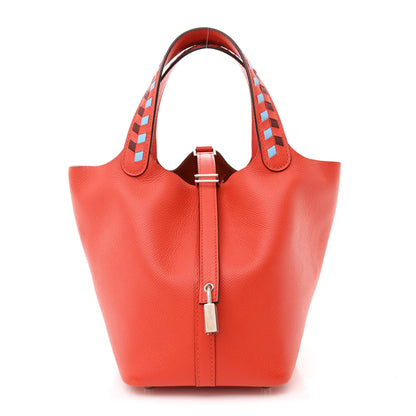 Hermes Epsom Tressage De Cuir Picotin Lock 18 PM Capucine Celeste Rouge H 1 of 12