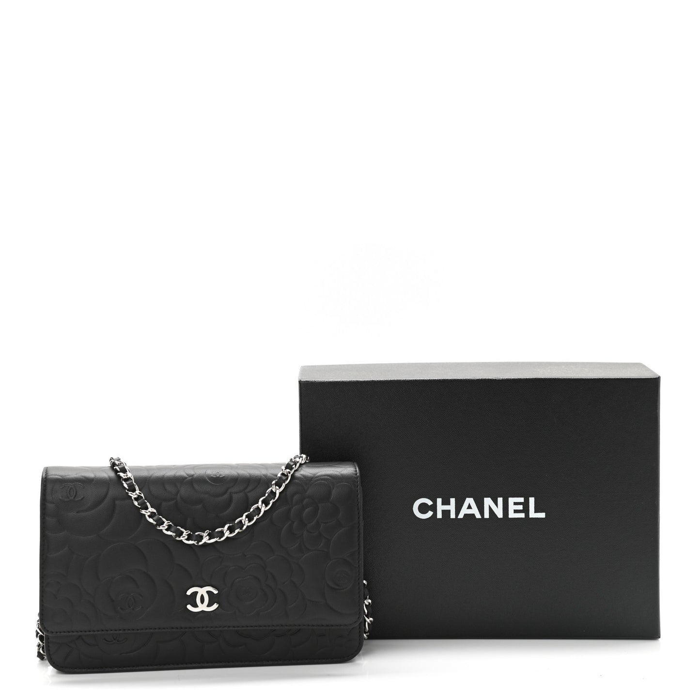 Lambskin Camellia Embossed Wallet on Chain WOC Black