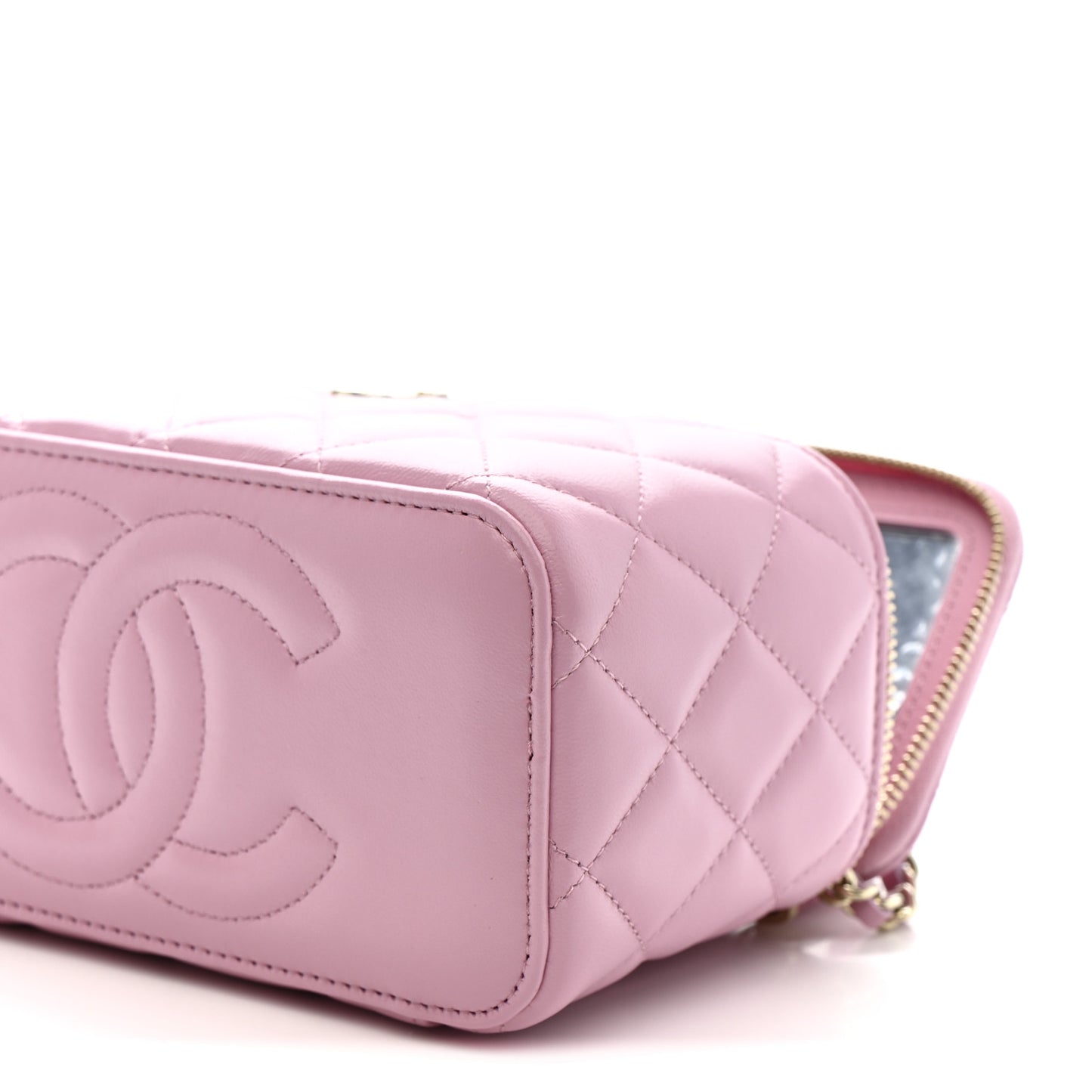 Lambskin Quilted Small Top Handle Vanity Case With Chain Pink