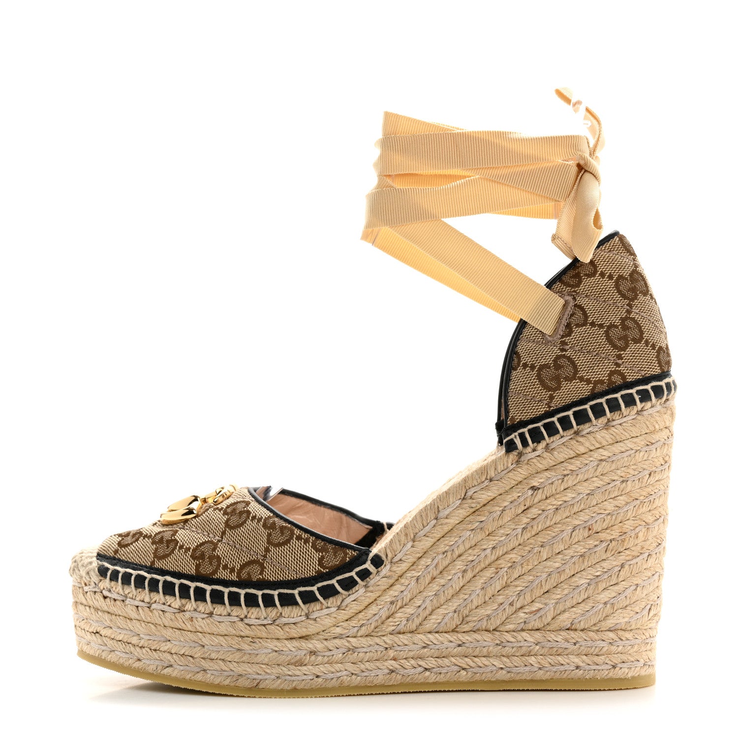 Gucci Monogram Matelasse GG Marmont Ankle Wrap Platform 35/120mm Espadrille Wedges 39.5 Beige Ebony Black Sand Storm 1 of 12