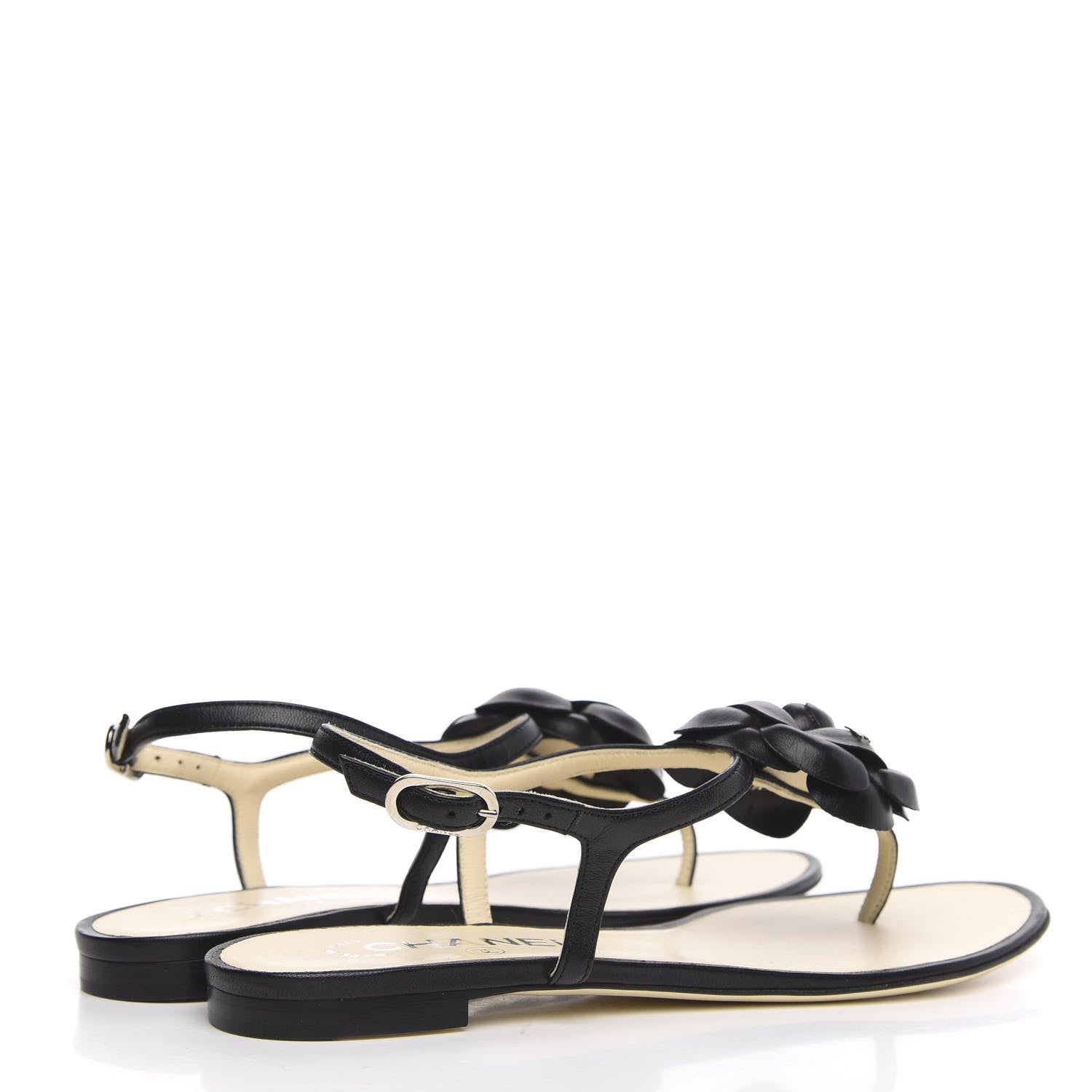 Chanel Lambskin Camellia Thong Sandals 37 Black 4 of 7