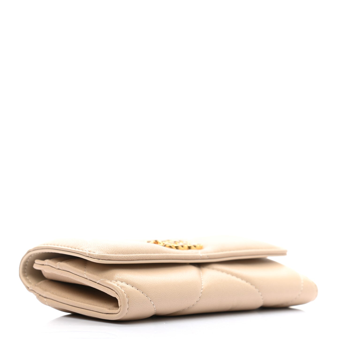 Shiny Goatskin Quilted Chanel 19 Flap Wallet Beige