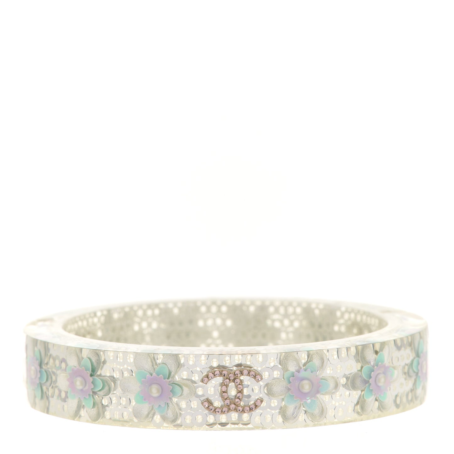 Lucite Crystal Sequin Flower CC Bangle White